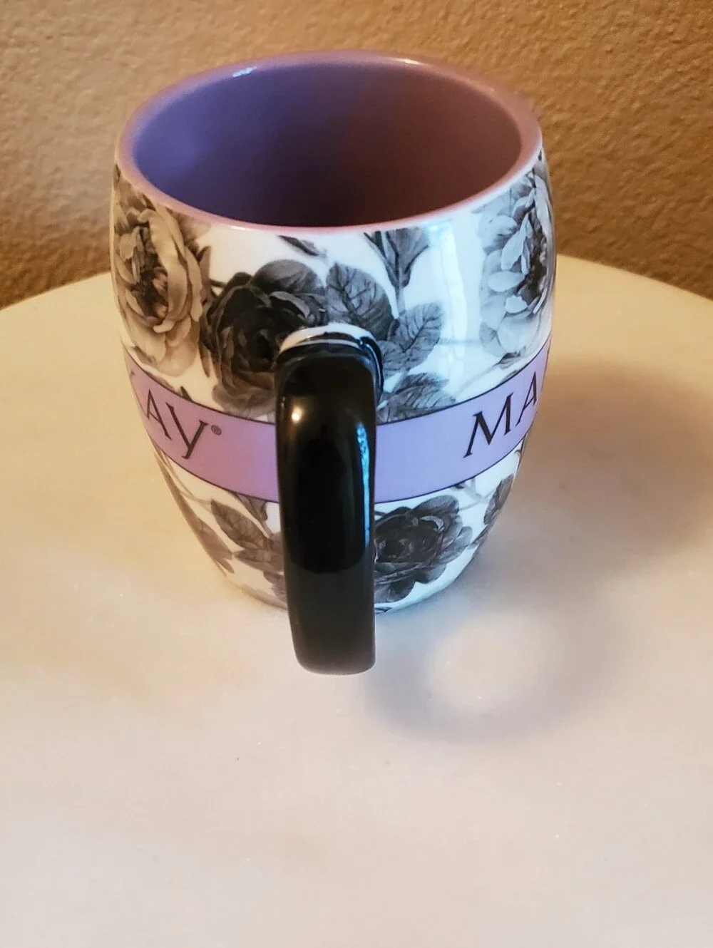 Mary Kay Black, White & Lavendar Floral Logo Ceramic Mug.